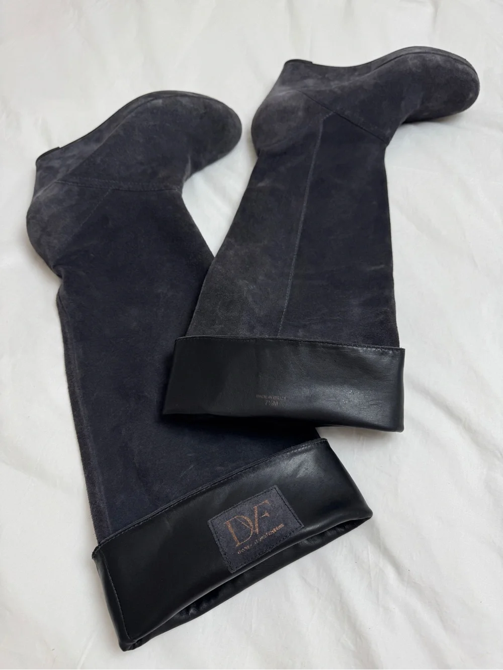 DVF Diane Von Furstenberg Grayish Blue Suede Wedge Knee High Boots Size 7.5 Plat